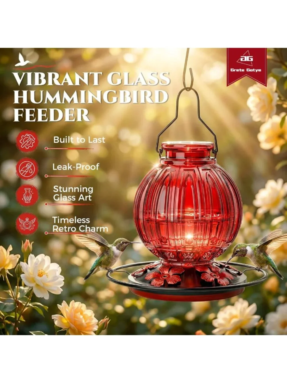 Elegant Glass Hummingbird Feeder - 26oz, Leak-Proof, 5 Flower Ports for Garden